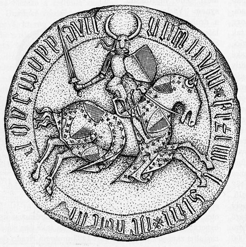 Avers jezdecké pečeti Přemysla Opavského, kde sám Přemek sedí na koni s přilbou a štítem, jež představuje znak opavských vévodů